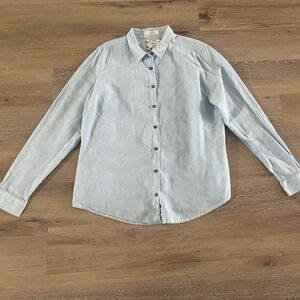 Ellen Orton Women's XL Linen Shirt Button‎ Down Green Stripe Vermont Country